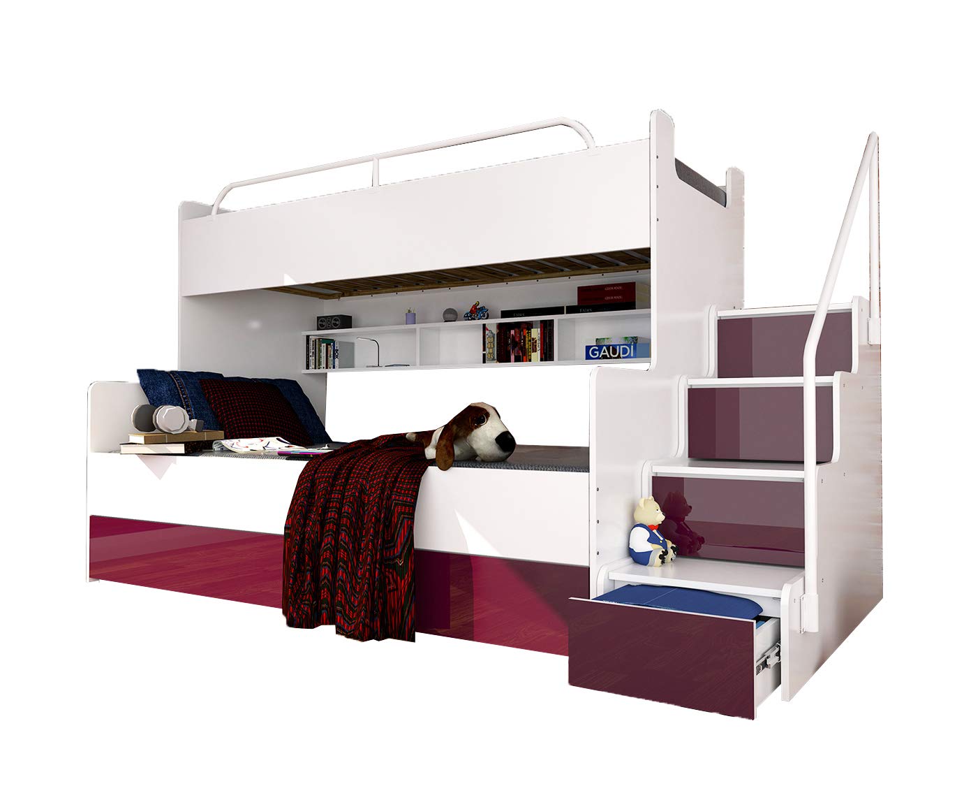 【Furniture】Bunk Bed for 2 Children Stairs Shelves Drawers Rail Modern High Gloss Inserts (White & Purple)