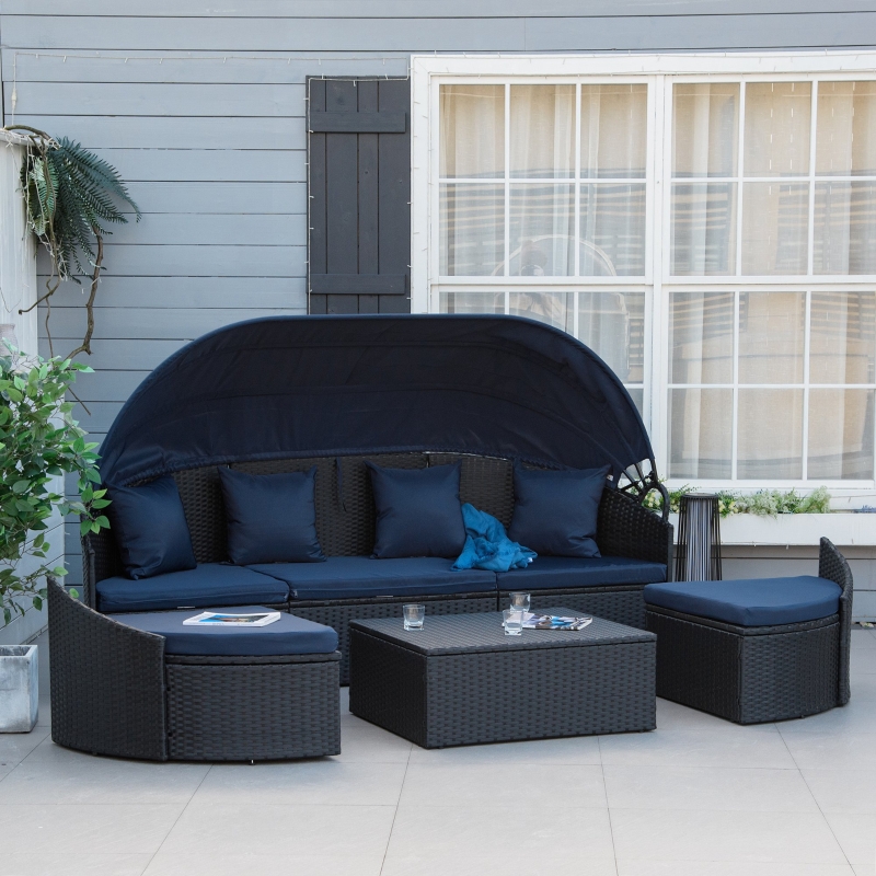 【Furniture】4 PC Patio Wicker Lounge Set, Outdoor Rattan Modular Garden Round Daybed Set
