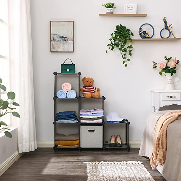 ANWBROAD Cube Storage Organizer 6-Cube Closet Organizers and Storage DIY Modular Plastic Closet Cabinet Book Shelf Cubes Organizer Storage Shelving for Home Bedroom Office Living Room Black ULCS006B 6 Cubes (36.8x12.4x38 Inches) Black