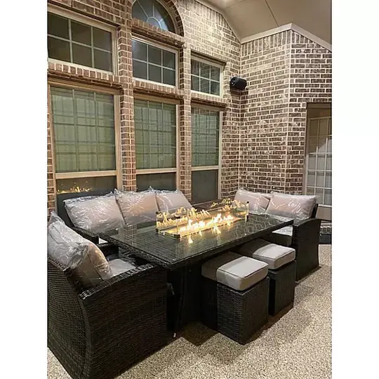 Morden 7-piece Outdoor Wicker Sofa with Fire Pit Table Patio Conversation sofa Set Dining Set