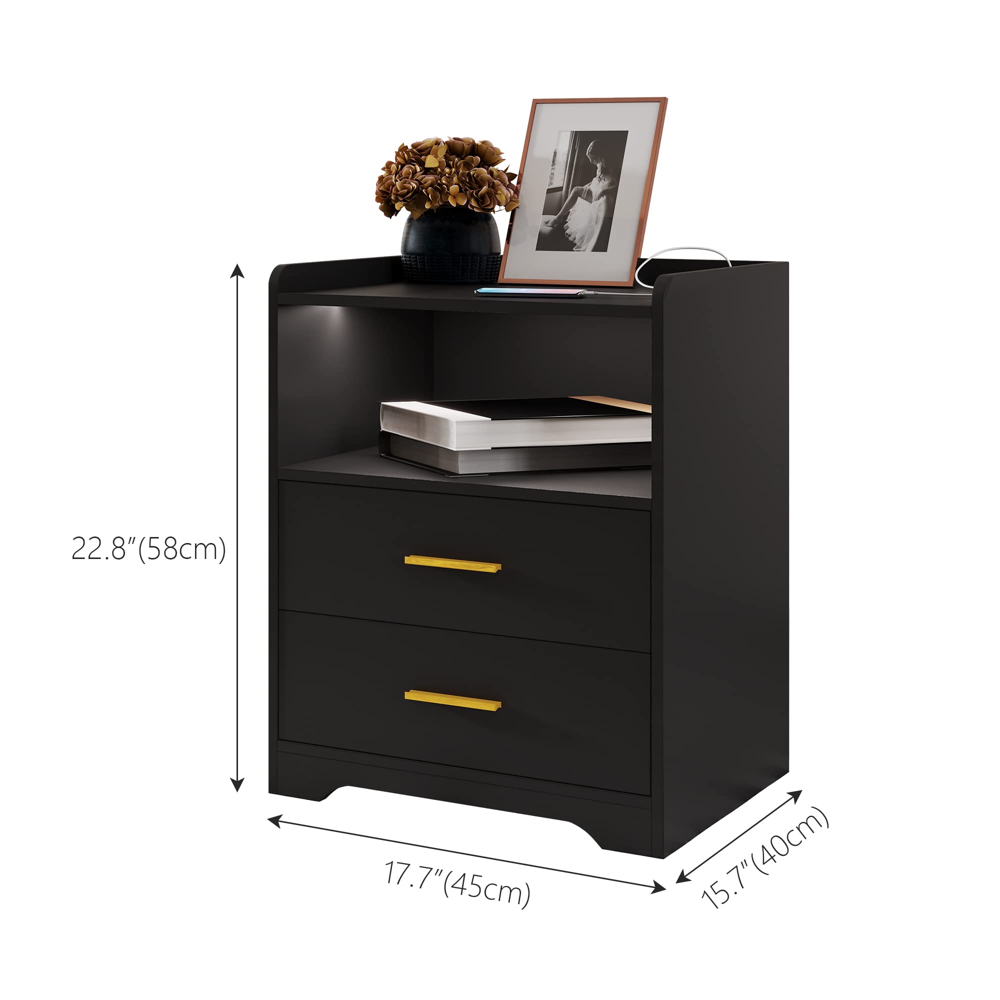 【Furniture】Black Nightstand with Charging Station, Night Stands with 2 Drawers, Smart Nightstand Bedside Table Led