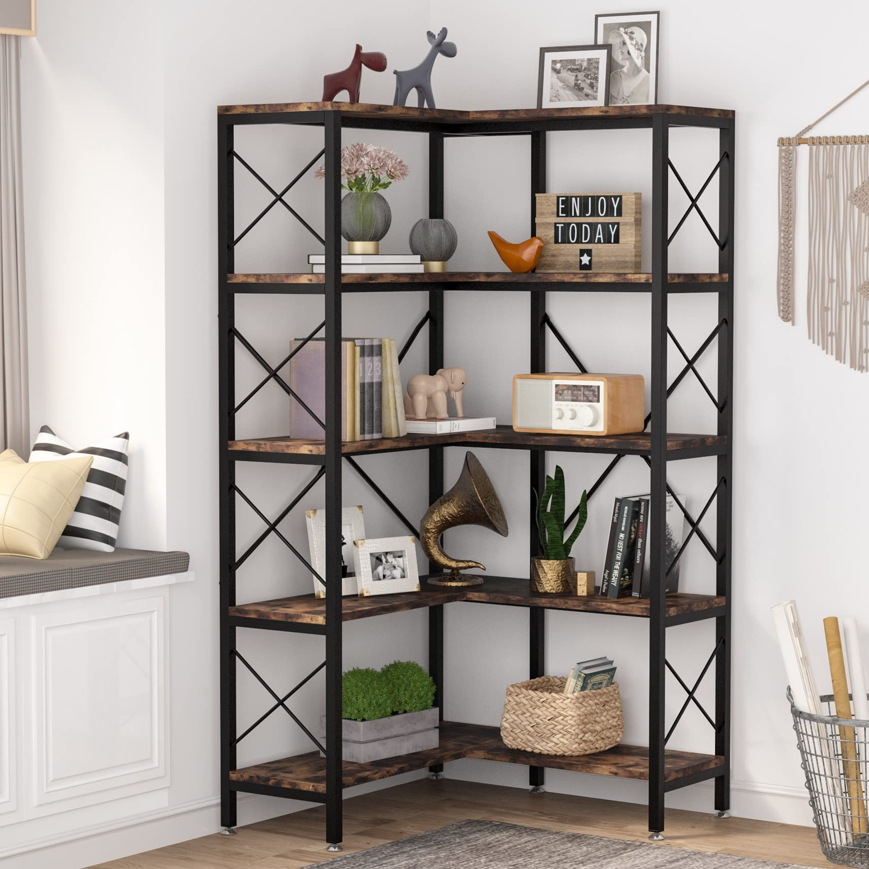 【Furniture】5-Shelf Corner Bookshelf, Large Modern Corner Bookcase, 5-Tier Tall Corner Shelf Storage Display Rack