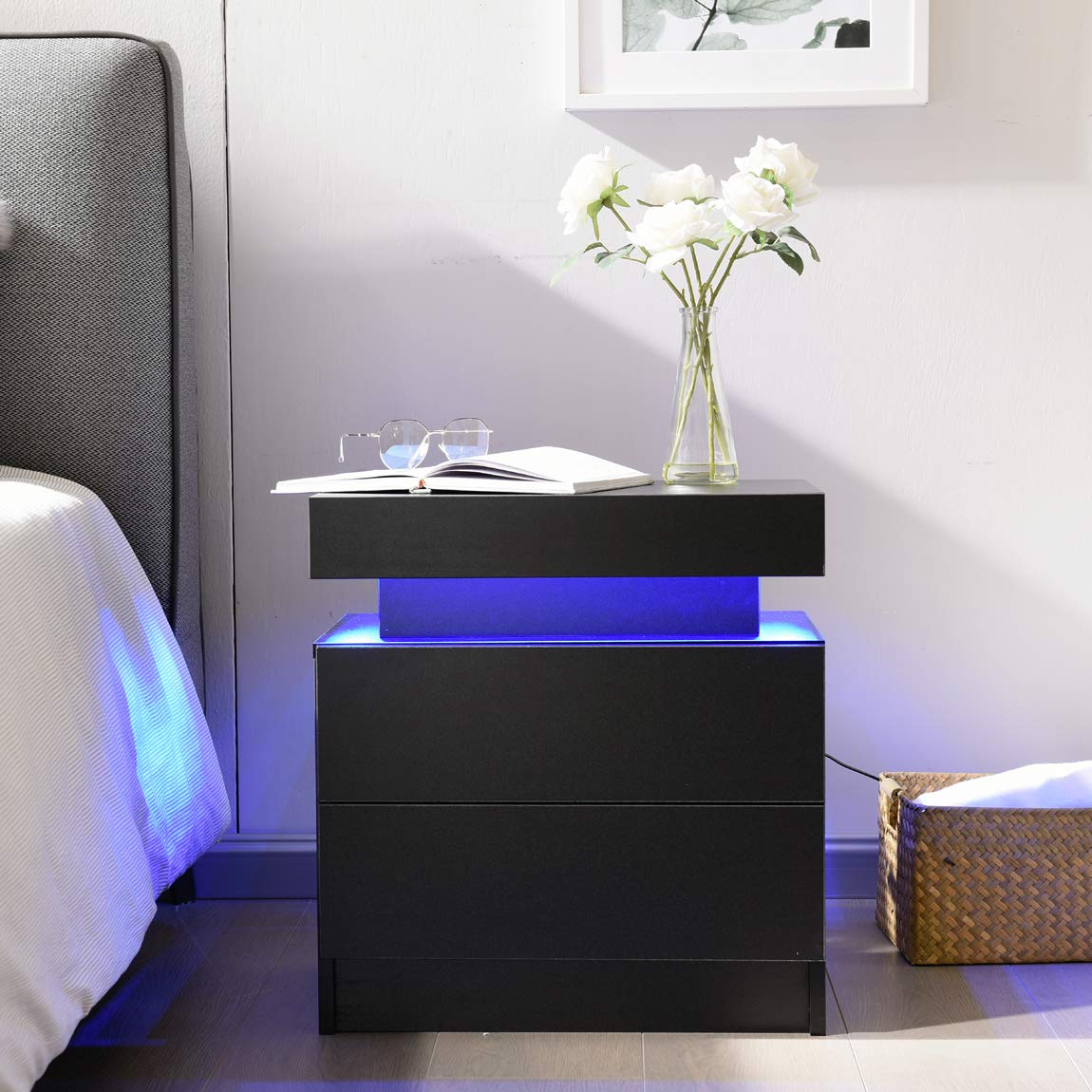 【Furniture】Nightstand Set of 2 LED Nightstand with 2 Drawers, Bedside Table with Drawers for Bedroom Furniture
