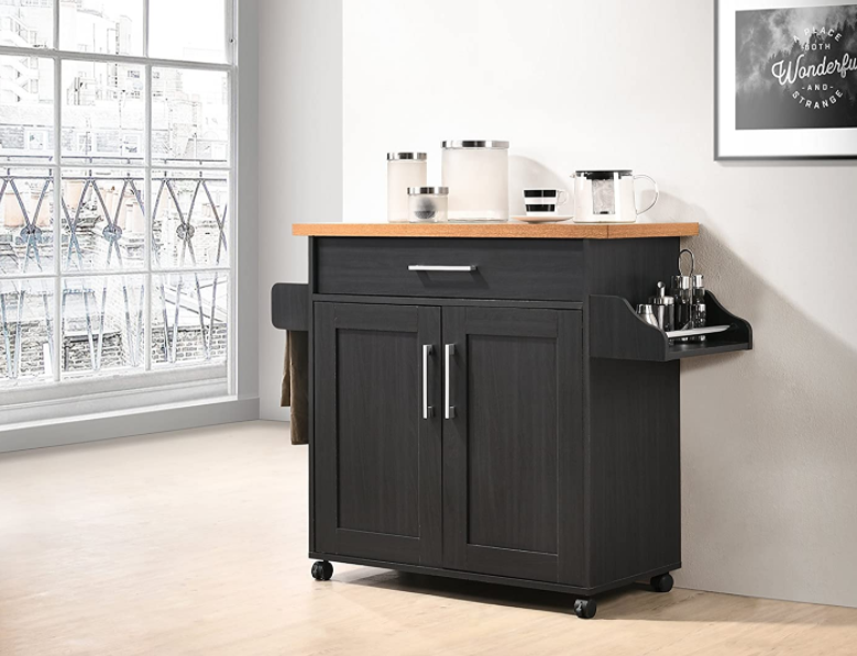 Hodedah Kitchen Island with Spice Rack, Towel Rack & Drawer, Black with Beech Top