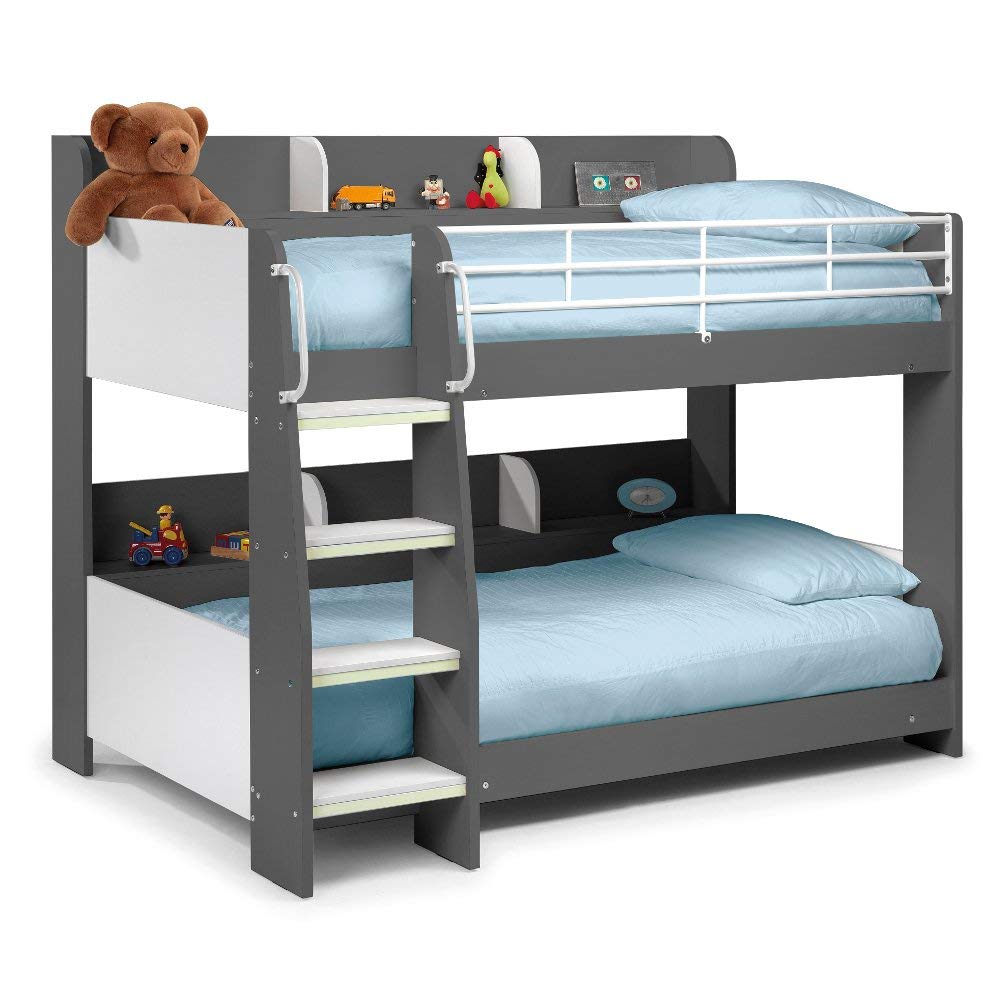 【Furniture】Domino Grey Wooden & Metal Kids Bunk Bed with Storage Shelves with 2x Pocket Sprung Mattress