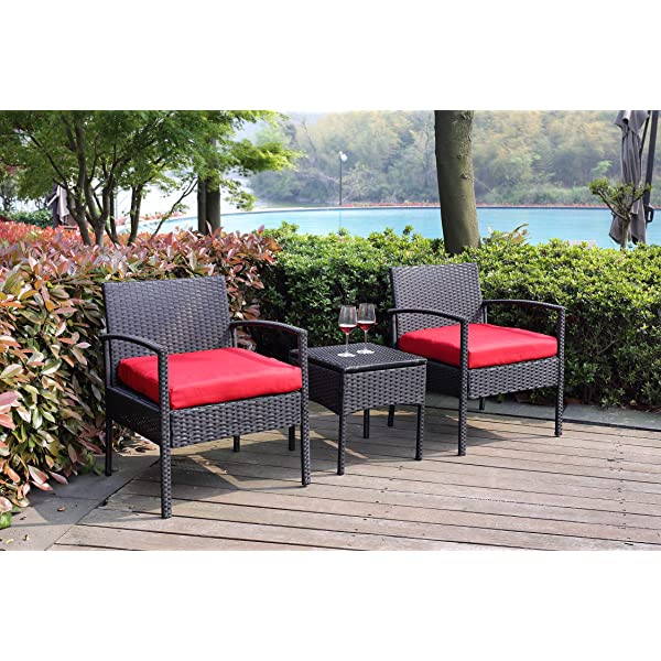 PROHIKER 3 PCS Patio Rattan Conversation Chair Set, 3 PCS Patio Wicker Rattan Furniture Set, Patio Wicker Rattan Table Red