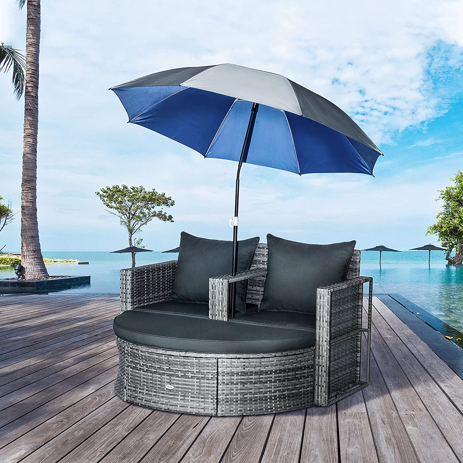 【Furniture】 Ensemble de Salon de Jardin 2 pièces en résine tressée - canapé 2 Places avec Coussins + Parasol + Repose-Pieds - Gris