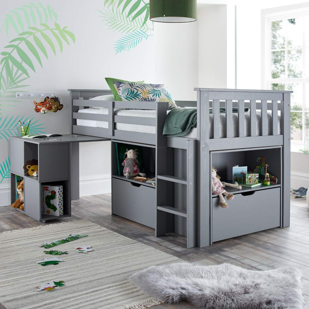 【Furniture】Milo Grey Wooden Mid Sleeper Kids Bunk Bed with Pocket Sprung Mattress 3' Single 90x190 cm