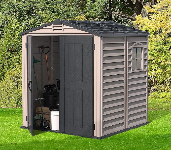 Duramax StoreMate PLUS 6 x 6 (3.65 m2) Plastic Garden Shed with Heavy-Duty Plastic Floor & Fixed Window, Strong Metal Roof Structure, Fire Retardant & Maintenance-Free Storage Shed, Dark Grey & Adobe