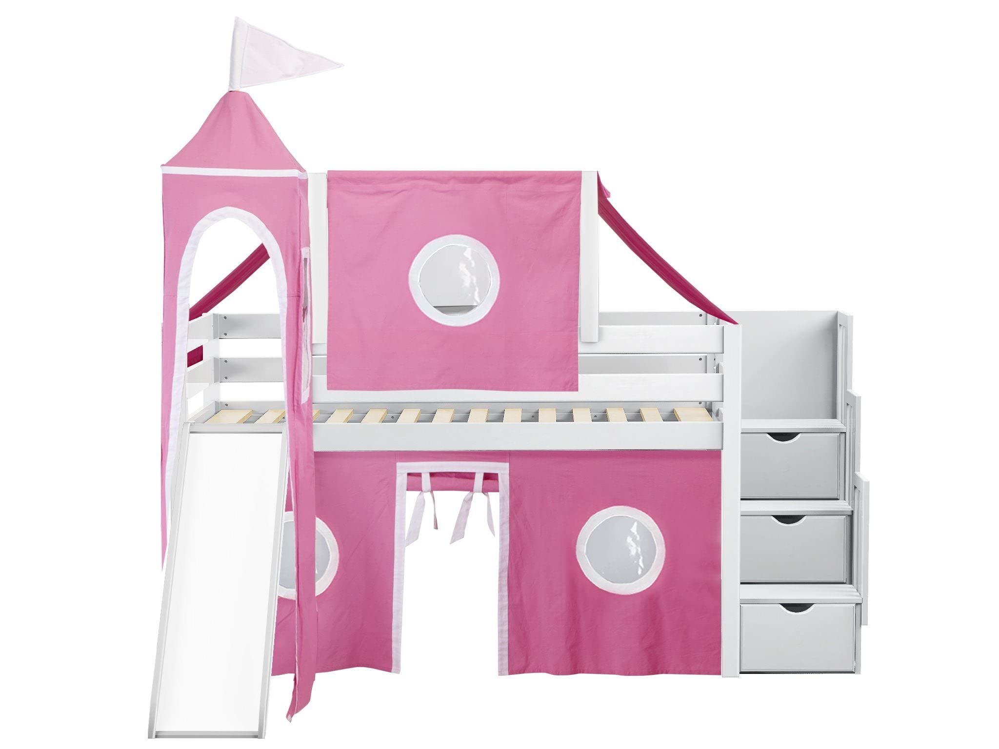 【Furniture】Princess Low Loft Stairway Bed with Slide Pink & White Tent & Tower, Loft Bed, Twin, White