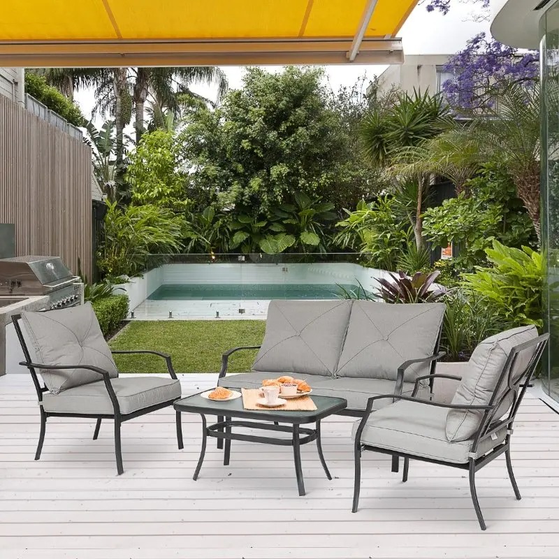 【Home&Garden】Outsunny 4 Pcs Metal Frame Garden Chatting Set w Sofa 2 Chairs Glass Top Table Foam Cushions