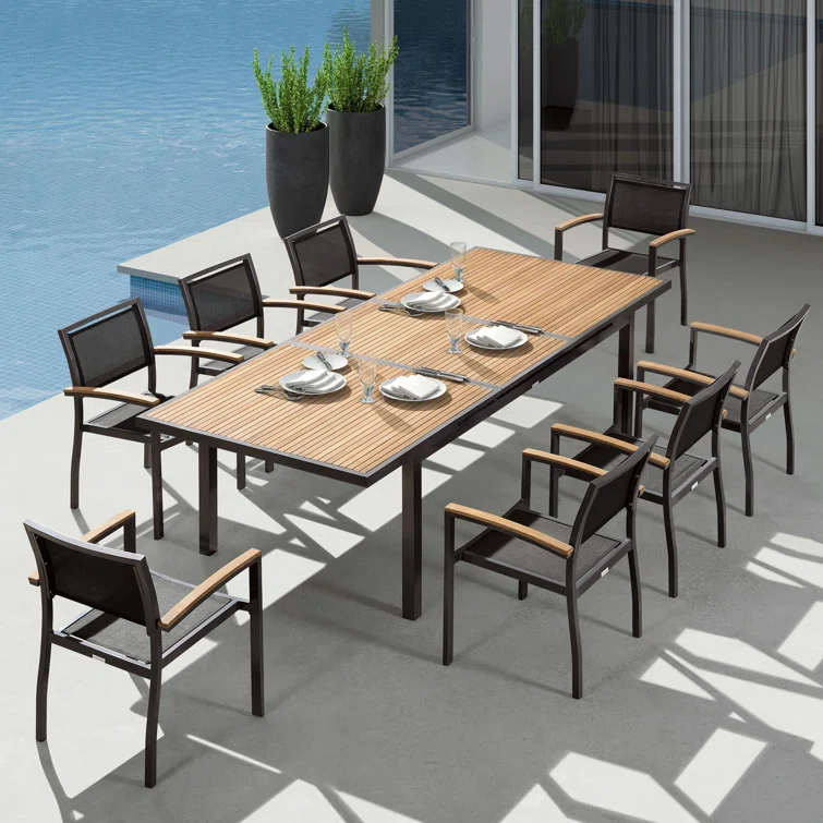 Heck Rectangular 8 - Person Outdoor Dining Set with Extension Teak Tabletop