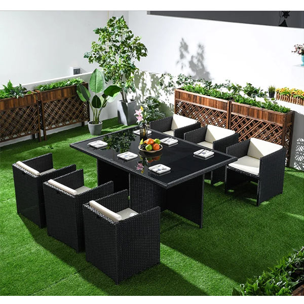 7-Piece Rattan Dining Set Outdoor Conversation Set with Glass-Top Rectangle Table and 6 Barrel Chair Cushion Included