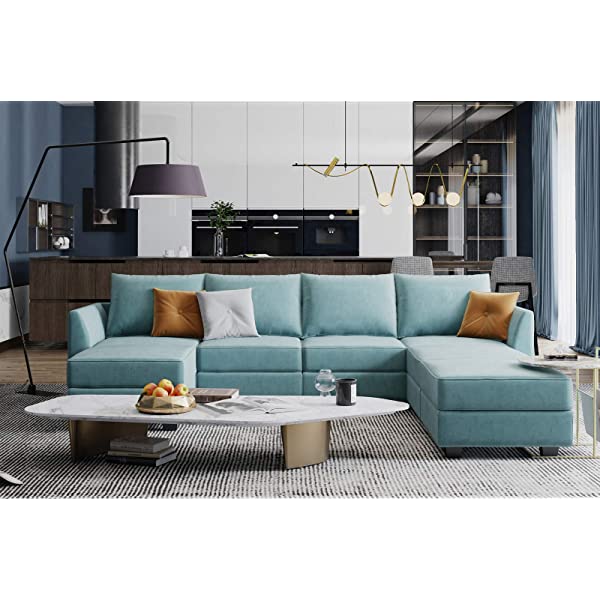 HONBAY Convertible Sectional Sofa U Shaped Couch with Reversible Chaise Modular Oversized Couch Sectional Sofa with Ottomans, Aqua Blue U Shape Sofa-1 Blue