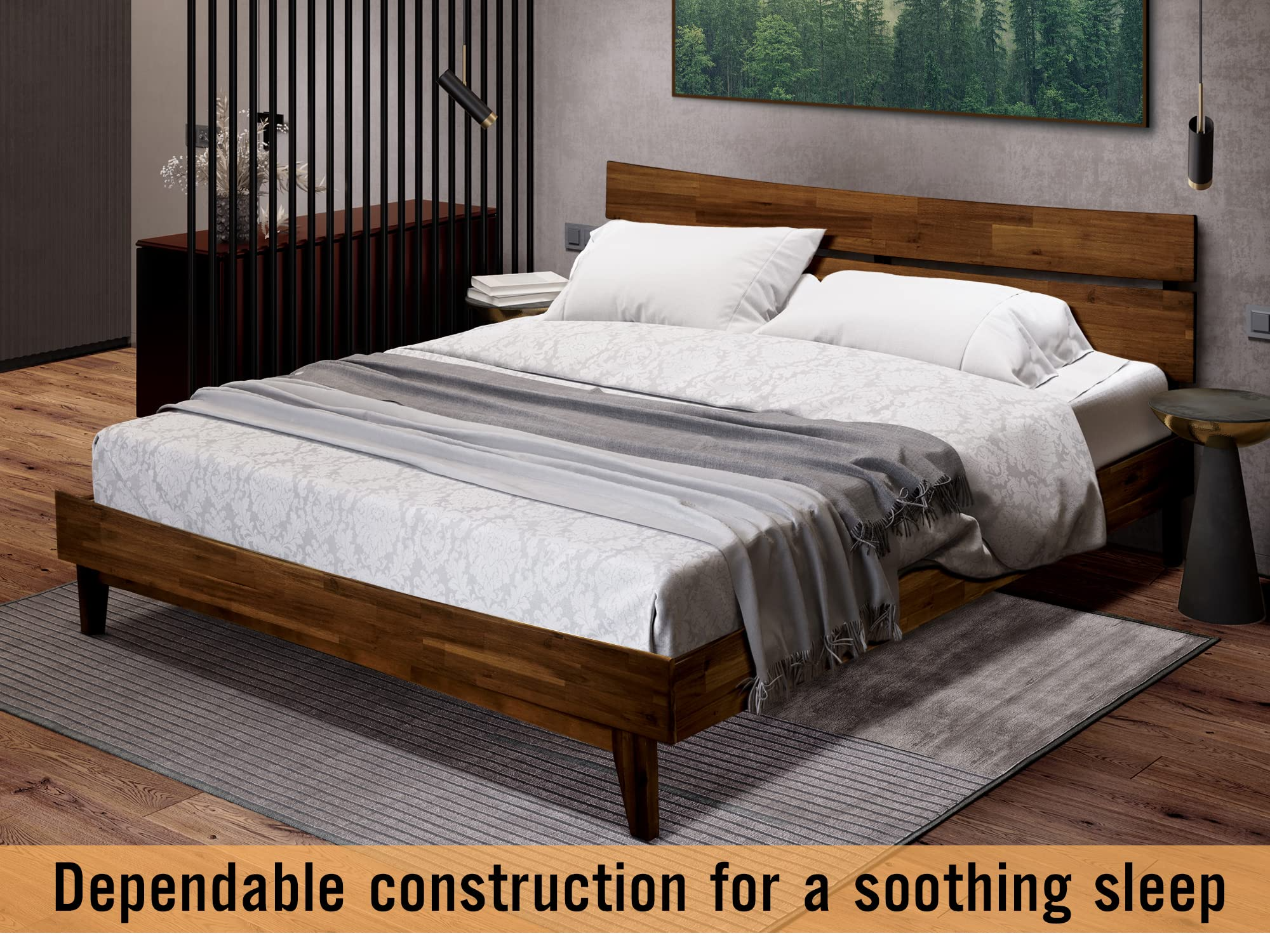 【Furniture】Acacia Aurora 14 Inch Wood Platform Bed, Bed Frame with Headboard, King Size