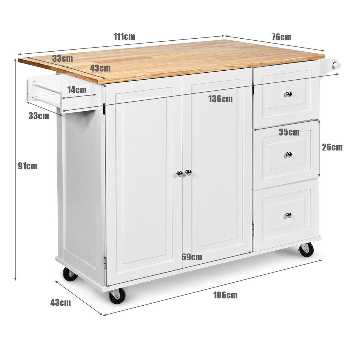 Kitchen Island Trolley with 3 Drawers and 2-door Cabinet