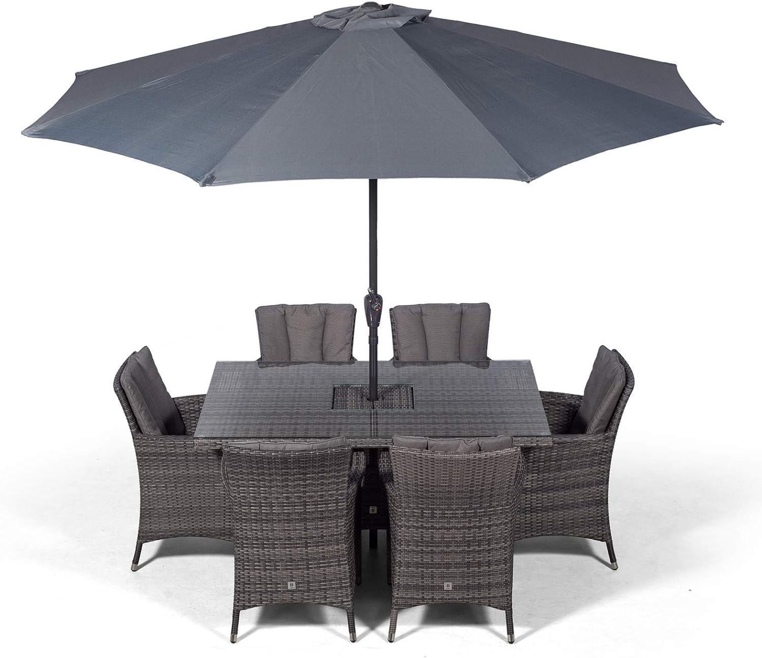 Savannah Rattan Dining Set | Rectangle 6 Seater Brown Rattan Table & Chairs Set with Ice Bucket Drinks Cooler | Outdoor Poly Rattan Garden Dining Furniture Set with Parasol & Cover