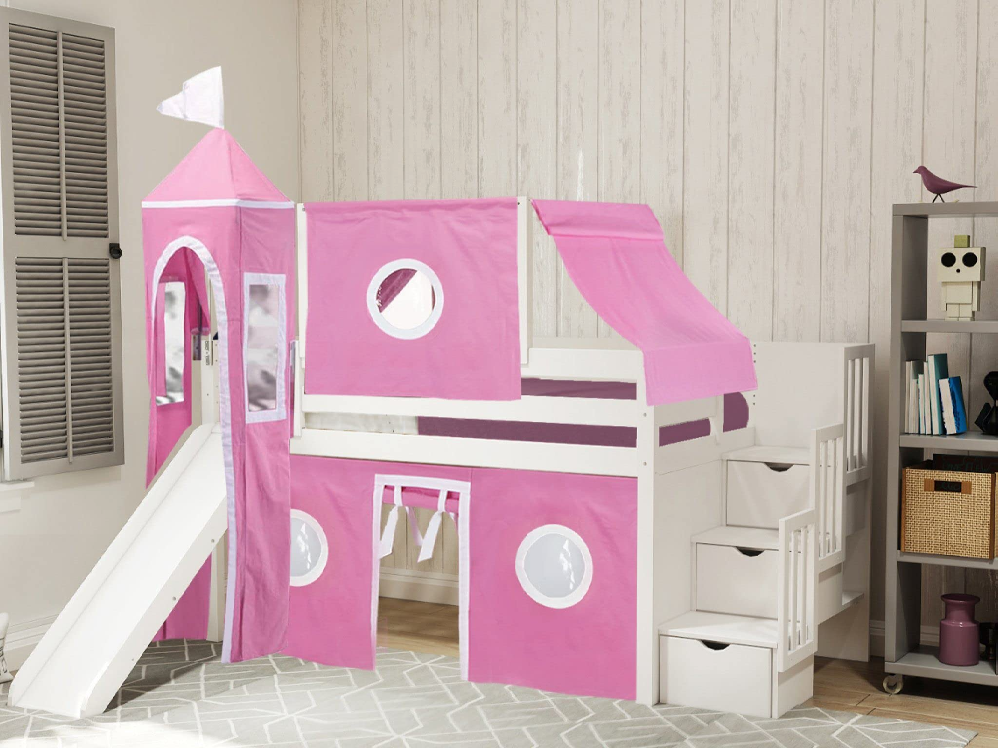【Furniture】Princess Low Loft Stairway Bed with Slide Pink & White Tent & Tower, Loft Bed, Twin, White