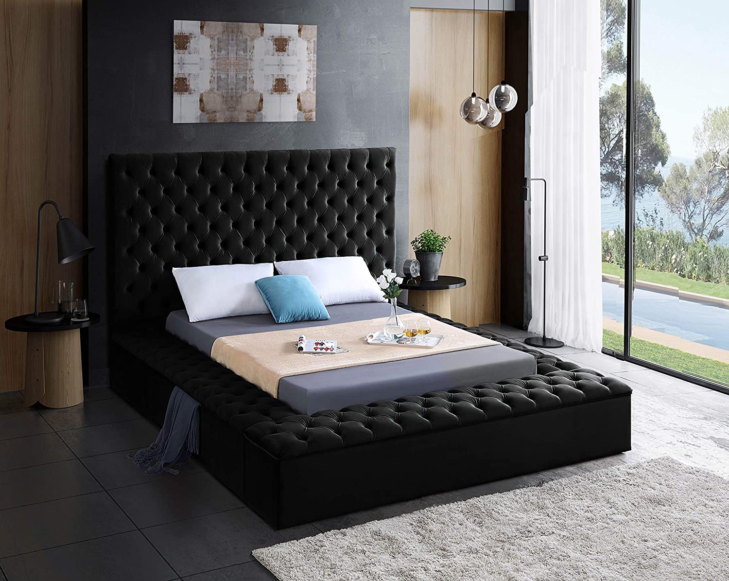【Furniture】Contemporary Velvet Upholstered Bed with Deep Button Tufting & Storage Compartments