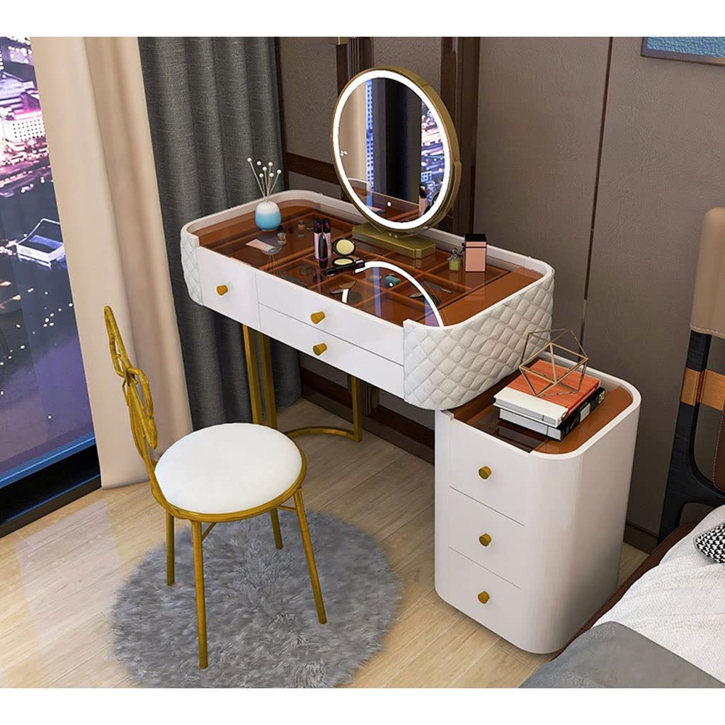 【Furniture】Bedroom Table Dresser Modern Glass Vanity Table with Storage Cabinet, Stool, Mirror