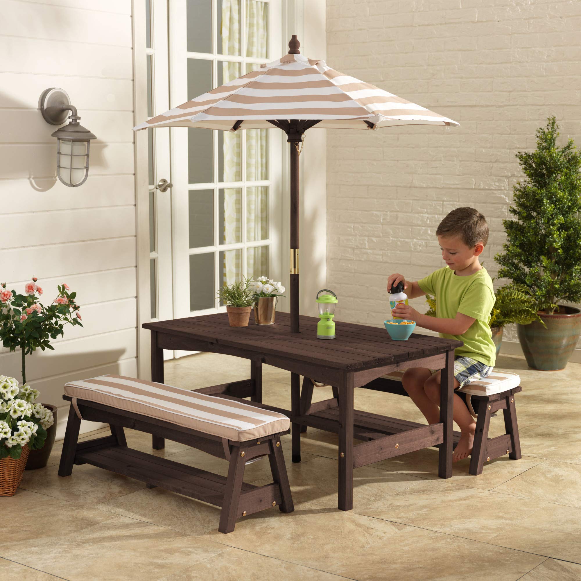 【Furniture】Outdoor Wooden Table & Bench Set with Cushions and Umbrella, Kids Backyard Furniture