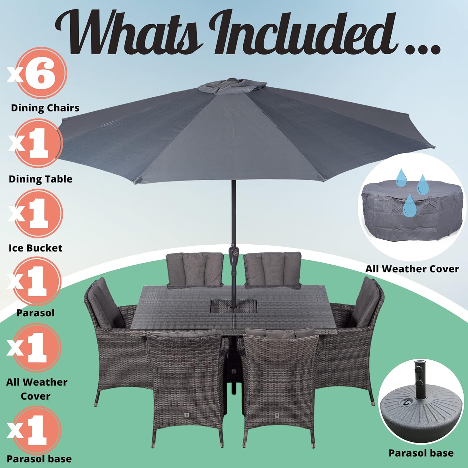 Savannah Rattan Dining Set | Rectangle 6 Seater Brown Rattan Table & Chairs Set with Ice Bucket Drinks Cooler | Outdoor Poly Rattan Garden Dining Furniture Set with Parasol & Cover