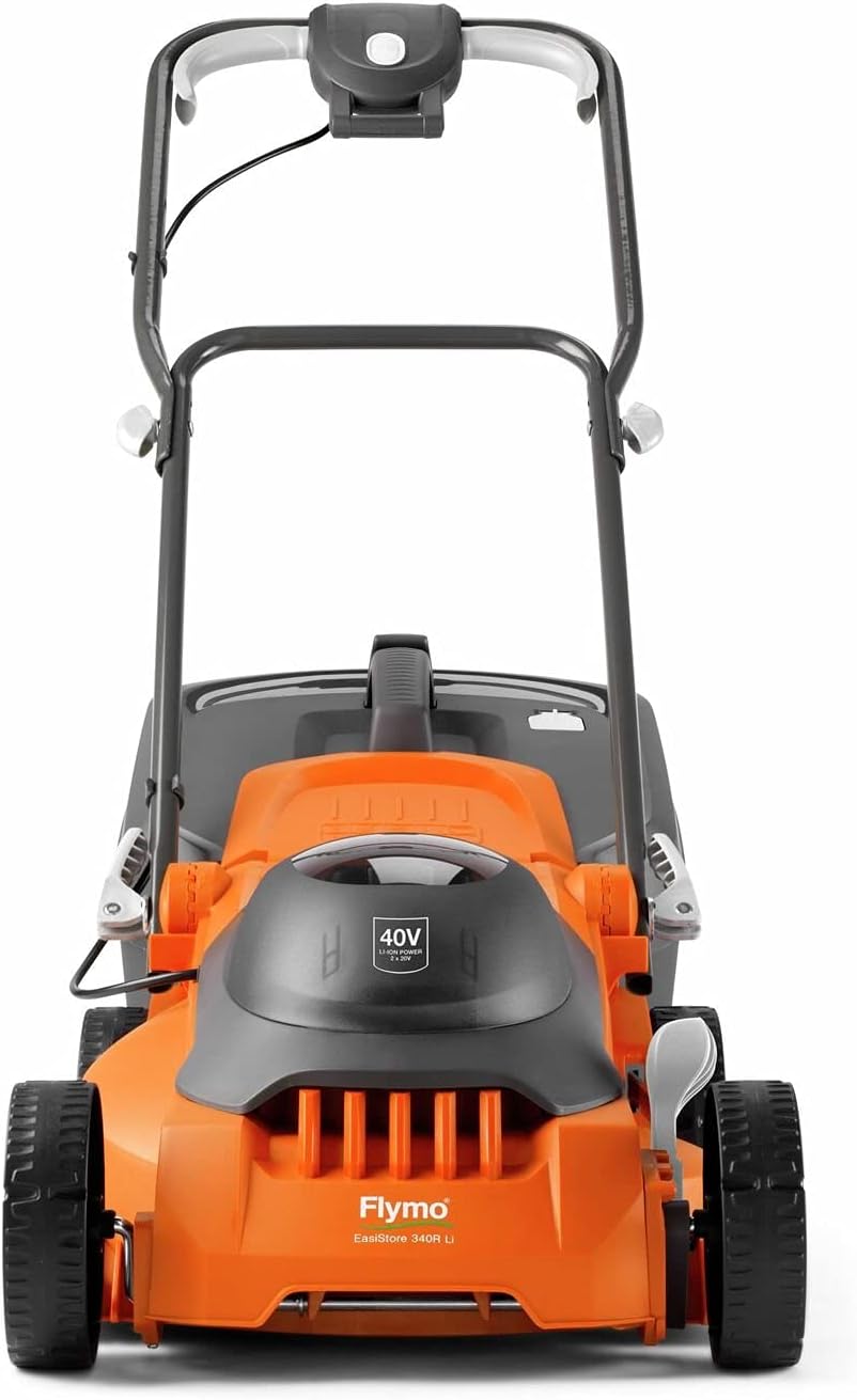 Flymo EasiStore 340R Li Cordless Rotary Lawn Mower - 40 V Battery (20 V x 2 Including Charger), 34 cm Cutting Width, 35 Litre Grass Box, Close Edge Cutting, Rear Roller, Space Saving Storage Features