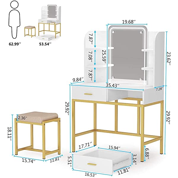 Vanity Set with LED Lighted Mirror and Cushioned Stool, Large Vanity Table Dressing Table Desk with Storage Shelves and 2 Drawers for Bedroom (Gold/w Lights)