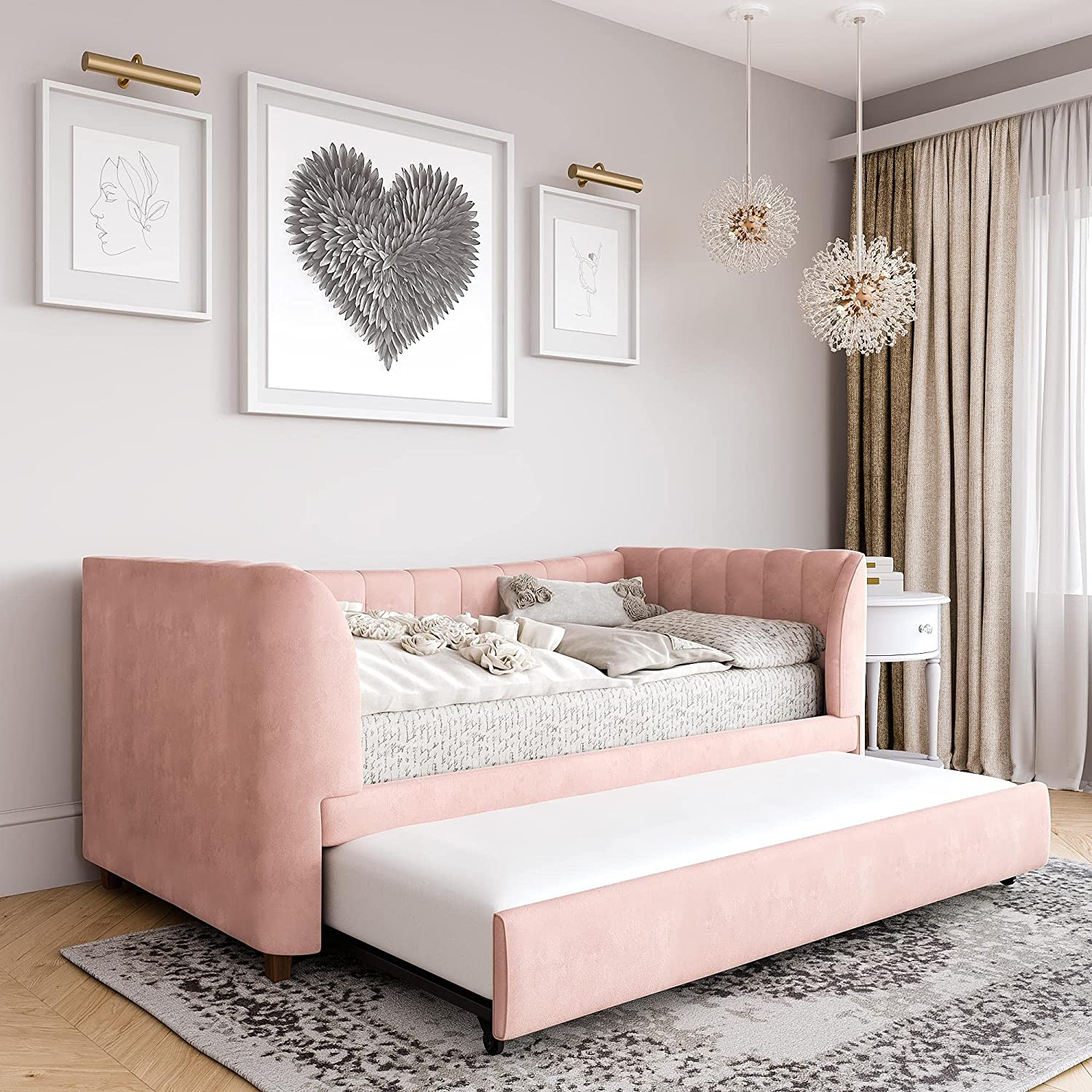 【Furniture】Valentina Upholstered Daybed with Trundle, Twin