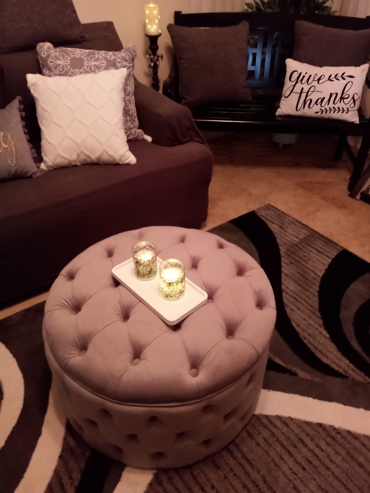 【Furniture】Homebeez Round Velvet Storage Ottoman, Button Tufted Footrest Stool Coffee Table