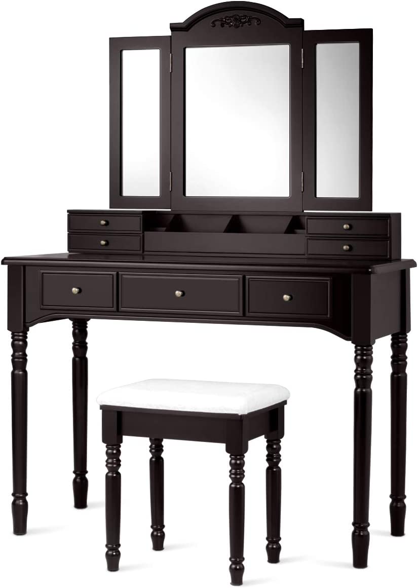 【Furniture】Vanity Desk Set, Dressing Table with Trifold Mirror, 8 Necklace Hooks, 7 Drawers