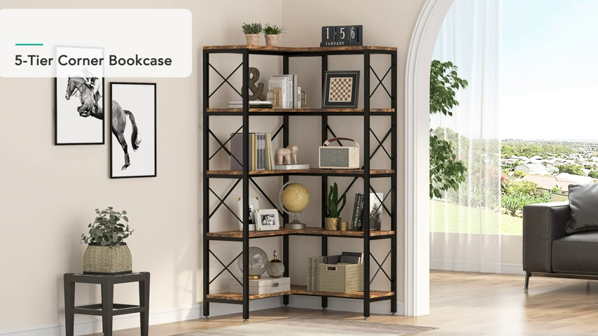 【Furniture】5-Shelf Corner Bookshelf, Large Modern Corner Bookcase, 5-Tier Tall Corner Shelf Storage Display Rack
