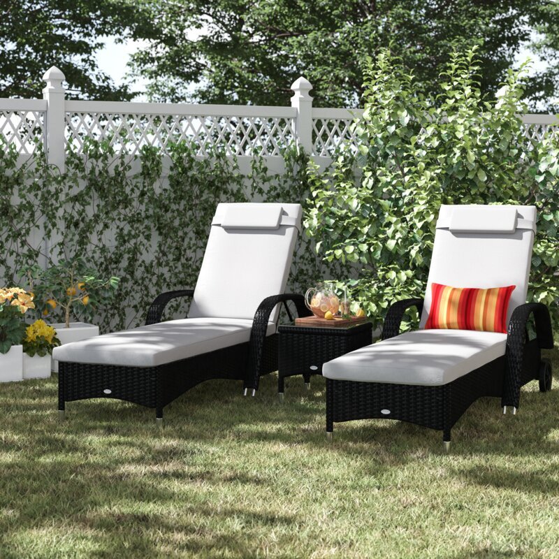 200CM LONG RECLINING SUN LOUNGER SET WITH CUSHIONS AND TABLE