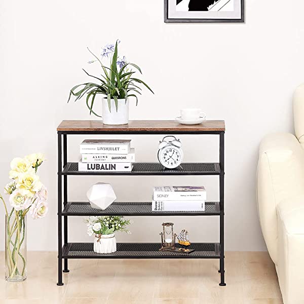 Dulcii Shoe Rack, 4 Tiers Height Adjustable Shoe Organizer Industrial Shoe Cabinet Storage with Retro Wooden Panel/Metal Mesh Shelves for Entryway, Living Room, Hallway, Bathroom, 30×12×28.3 Inch
