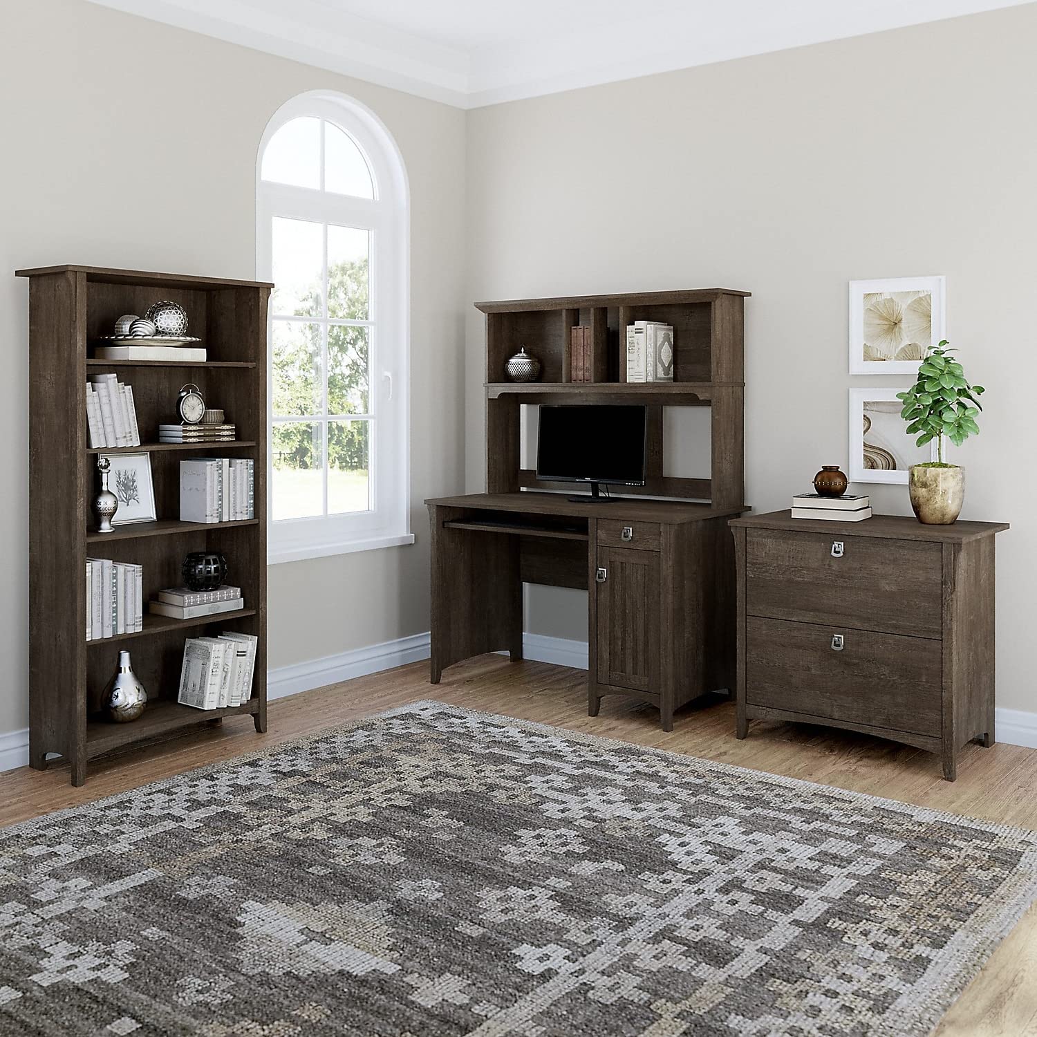 【Furniture】Bush Furniture Salinas Mission Desk with Hutch, Lateral File Cabinet and 5 Shelf Bookcase