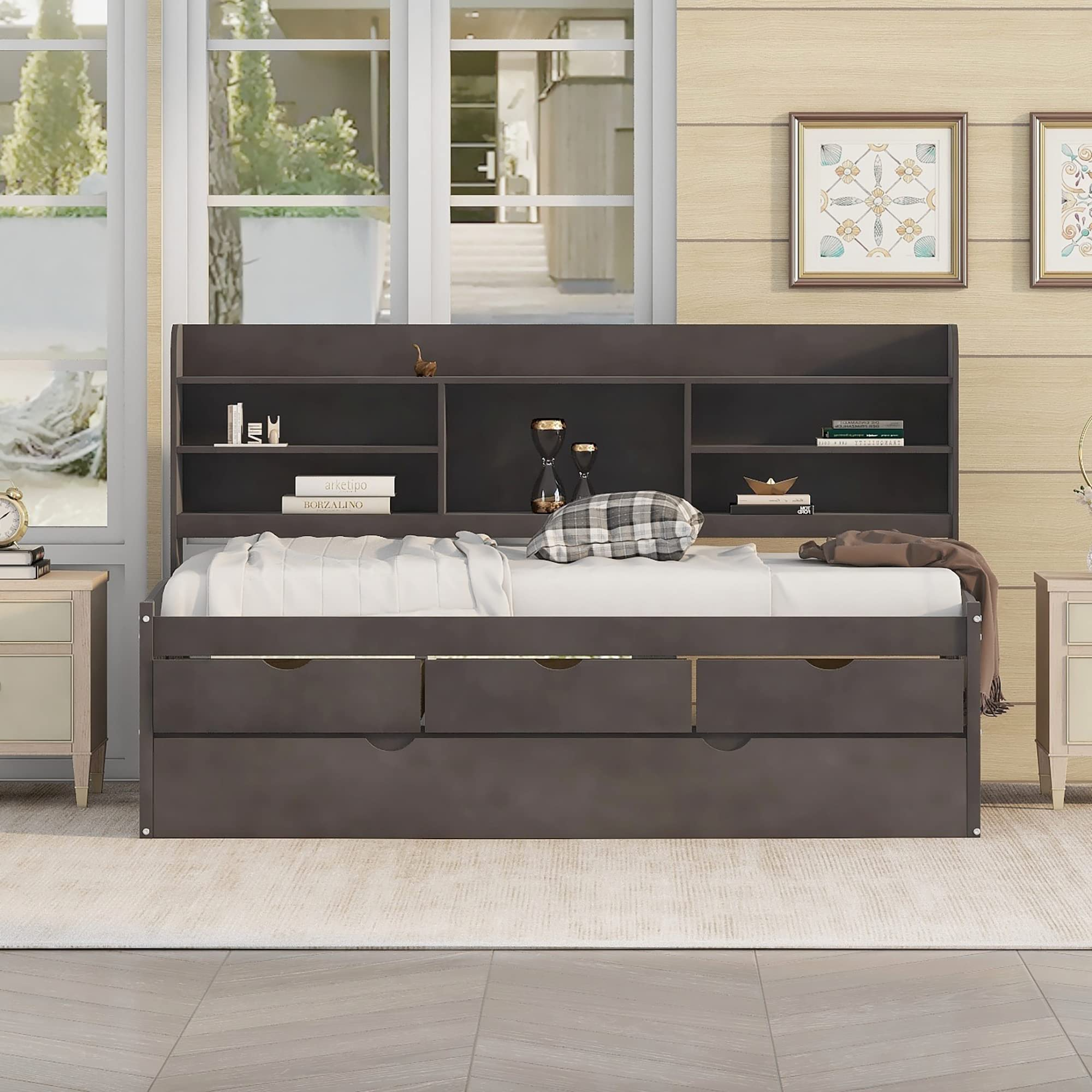 【Furniture】Harper & Bright Designs Twin Captain's Bed with Trundle and Three Storage Drawers