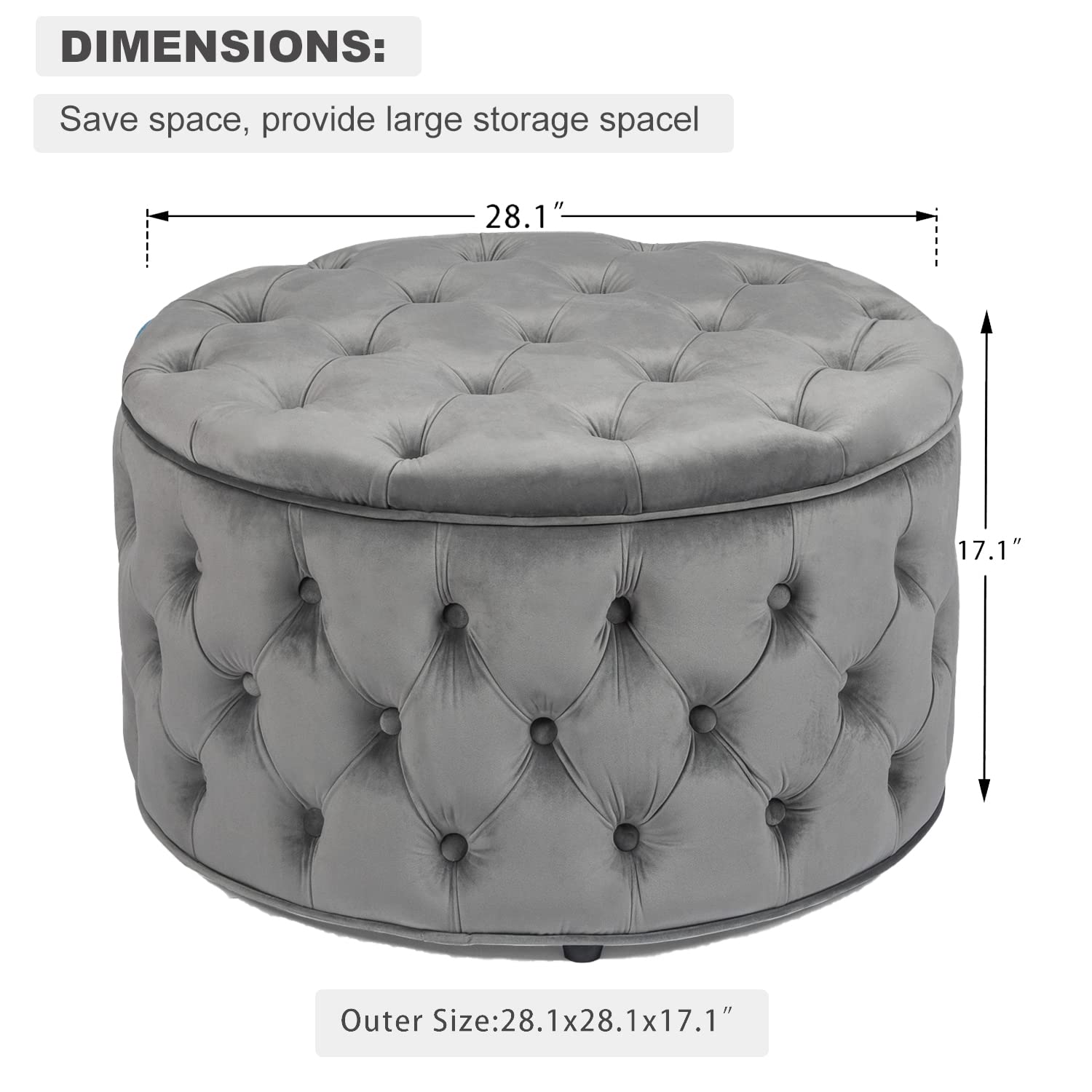 【Furniture】Homebeez Round Velvet Storage Ottoman, Button Tufted Footrest Stool Coffee Table