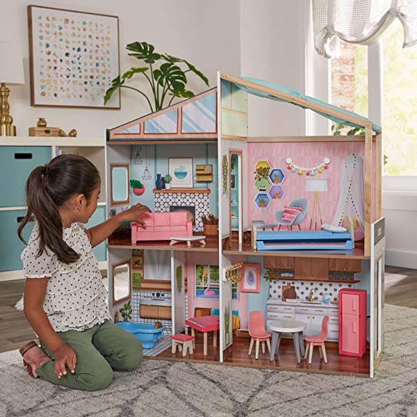 KidKraft Designed by Me™: Magnetic Makeover Wooden Dollhouse with Magnets, Fabric Wallpapers and 10 Pieces of Furniture, Gift for Ages 3+ Modern