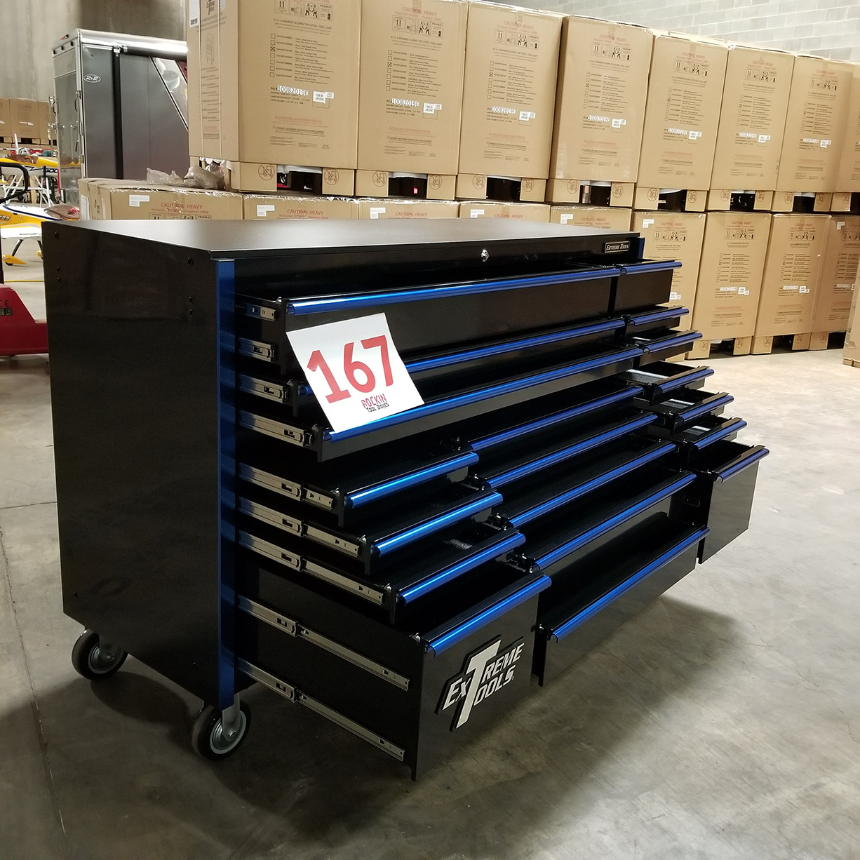 used toolboxShowroom Demo, Extreme Tools RX Series 72 19 Drawers 25 Deep Roller Cabinet, Black-Blue, 150 lbs. Slides