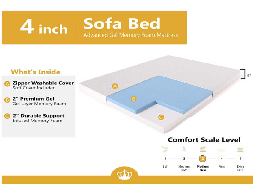 DynastyMattress 4-inch Cool Gel Memory Foam Mattress for Convertible Sofa & Couch Beds Queen Size