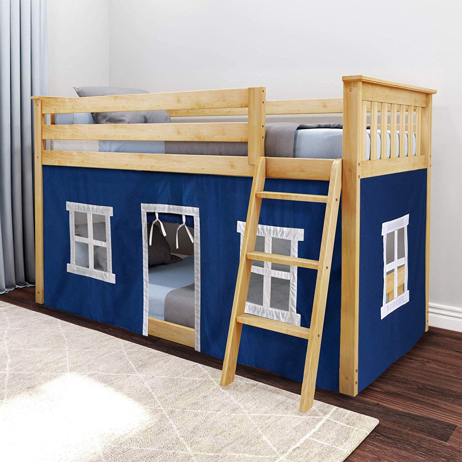【Furniture】【BS】Low Bunk Bed, Twin-Over-Twin Bed Frame for Kids with Curtains for Bottom, Clay/Blue