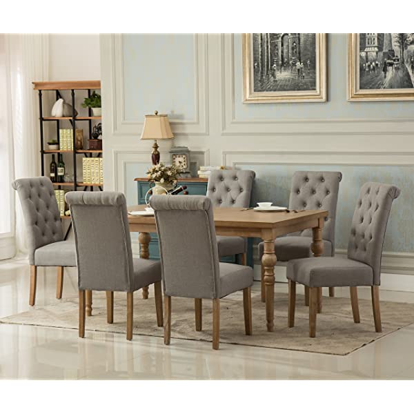 Roundhill Furniture Collection Habitanian Solid Wood Dining Table with 6 Button Tufted Chairs, Gray, Grey
