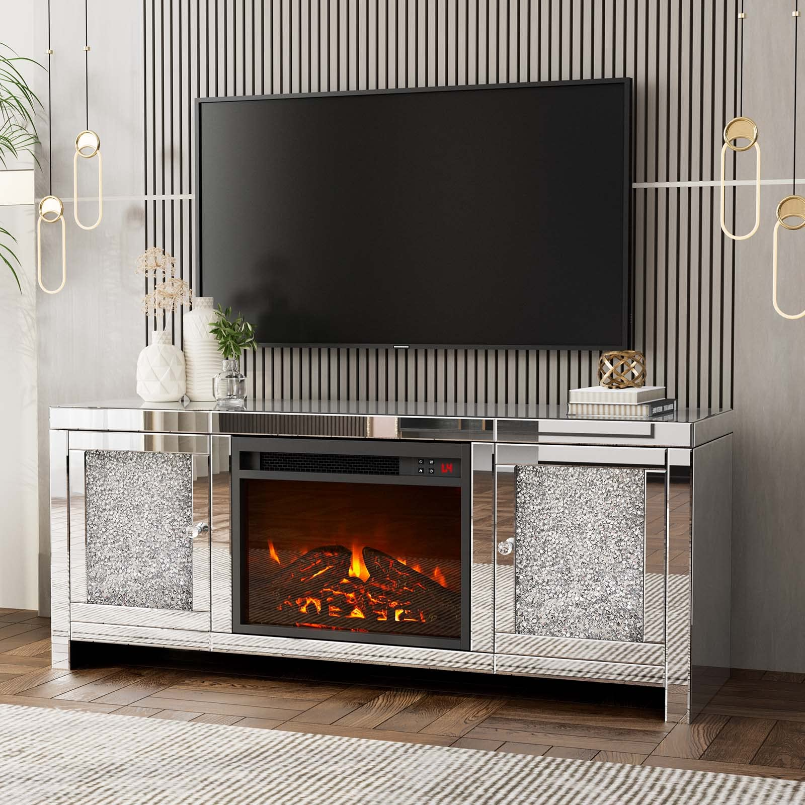 【Furniture】Mirrored Fireplace TV Stand, Mirrored Media Entertainment Center for TV up to 55 inch
