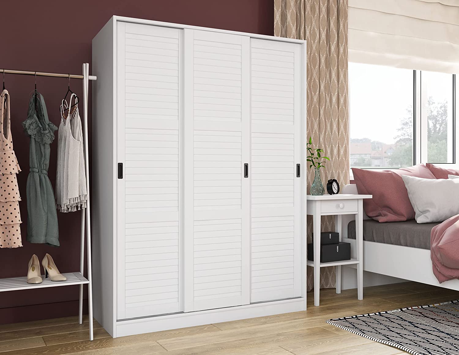 【Furniture】100% Solid Wood Wardrobe with 3 Sliding Louvered Doors, 5 Shelves Included