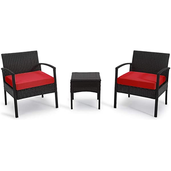 PROHIKER 3 PCS Patio Rattan Conversation Chair Set, 3 PCS Patio Wicker Rattan Furniture Set, Patio Wicker Rattan Table Red