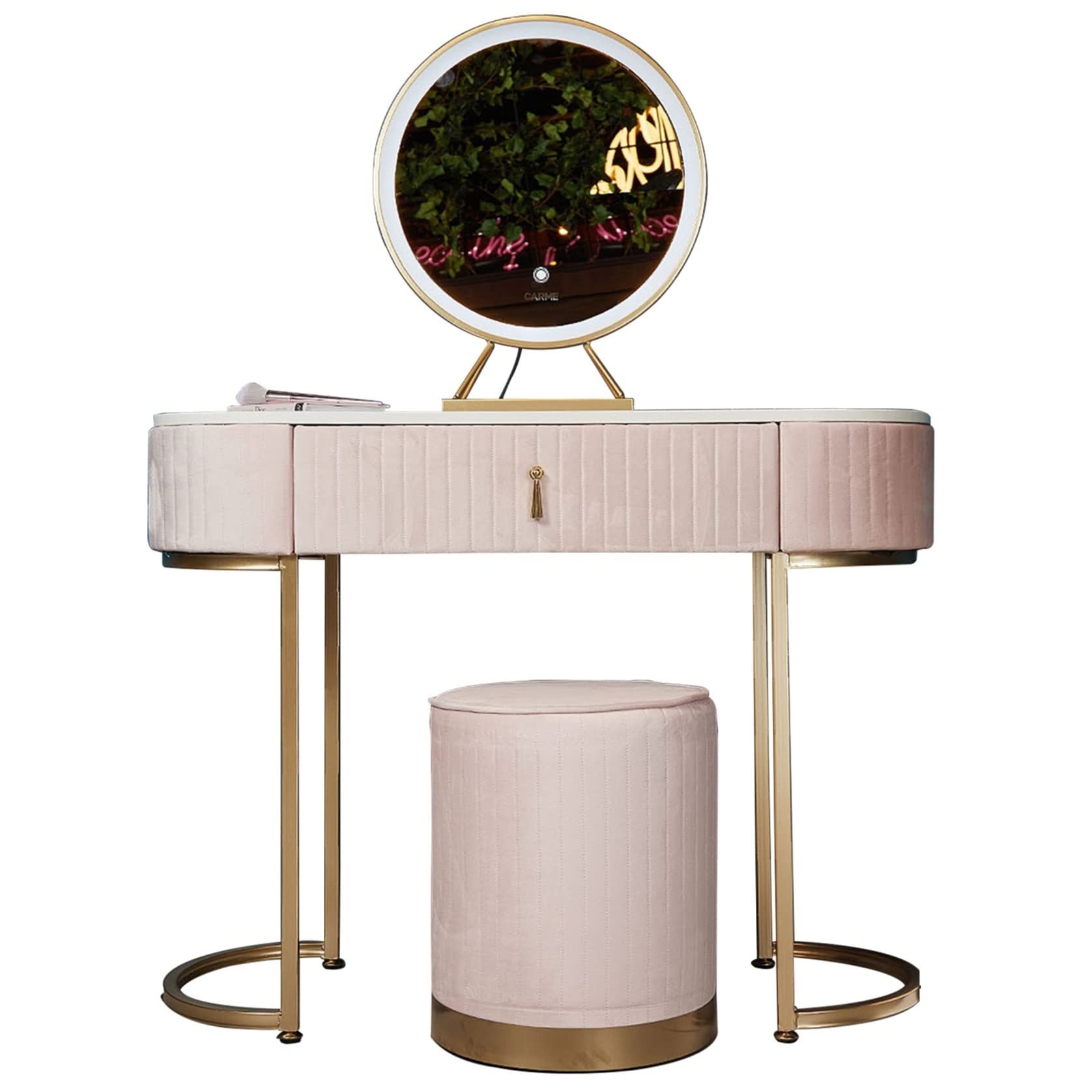 【Furniture】Velvet Dressing Table with LED Light Mirror Touch Sensor 1 Drawer Stool Set Bedroom Modern Dresser