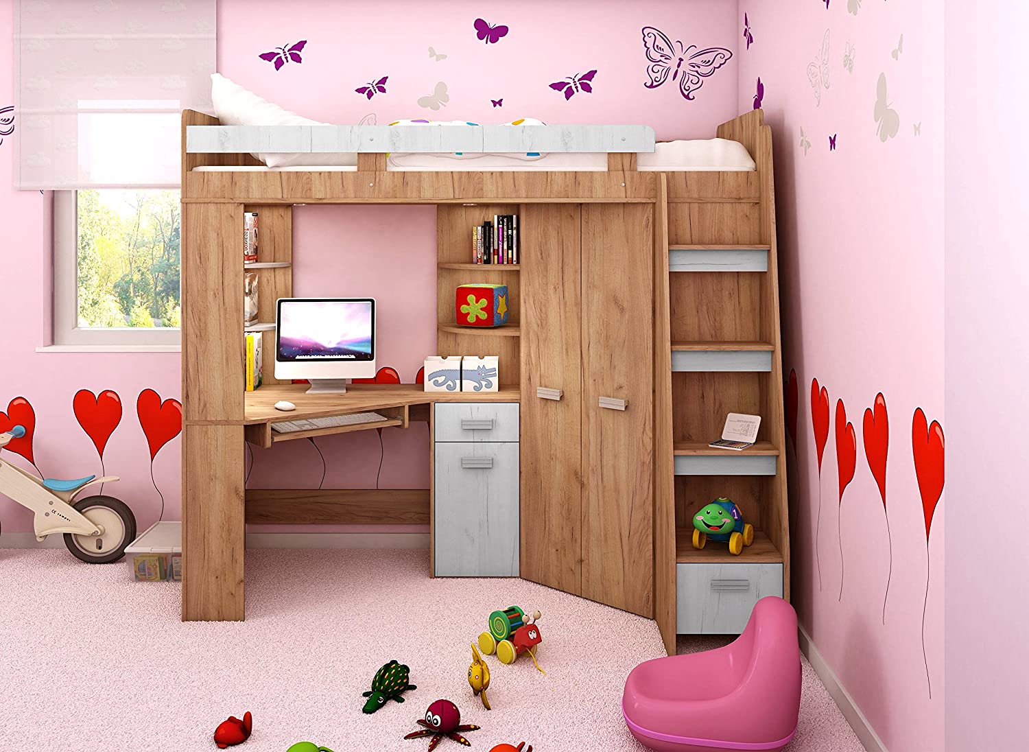【Furniture】High Sleeper/Bunk Bed - All In 1 Right or Left Hand-side Stairs - Kids/Children Furniture Set