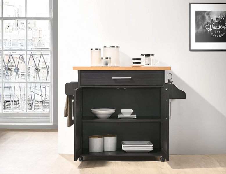 Hodedah Kitchen Island with Spice Rack, Towel Rack & Drawer, Black with Beech Top