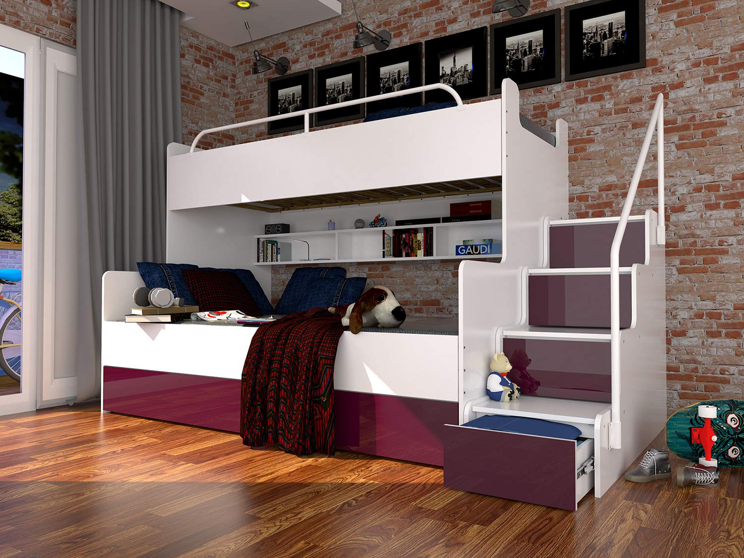 【Furniture】Bunk Bed for 2 Children Stairs Shelves Drawers Rail Modern High Gloss Inserts (White & Purple)