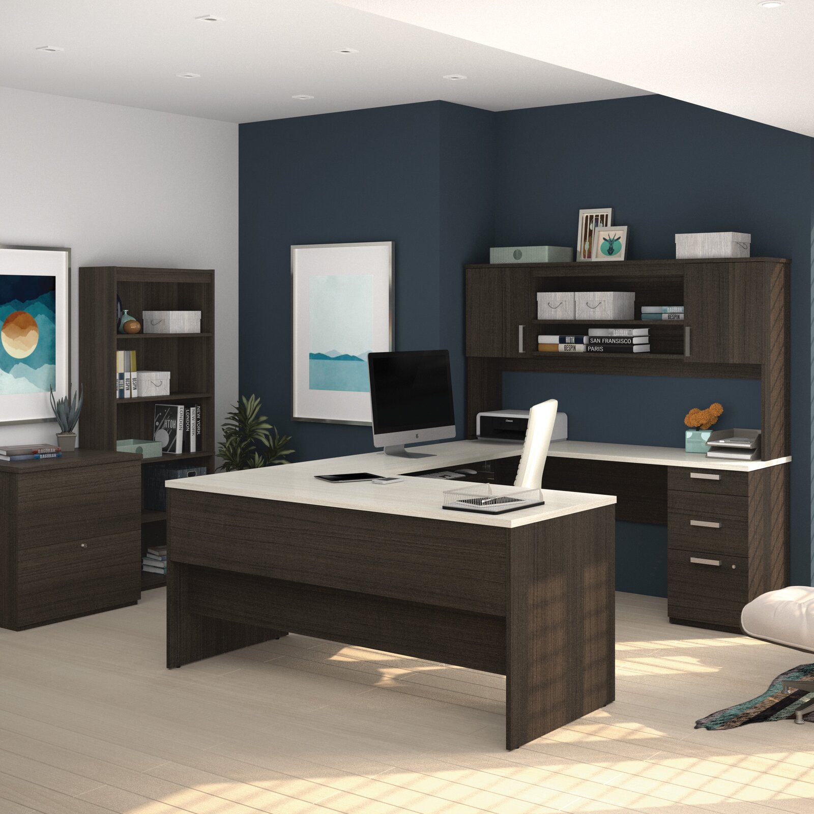【Furniture】Chanice 4 Piece U-Shape Computer Desk Office Set with Hutch